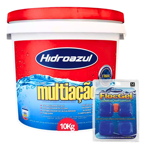 Kit Cloro Multiação 10kg + Clarificante Flocgel Hidroazul 4 