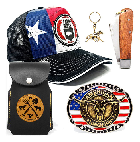 Kit Bone Farm Bulls + Fivela Bandeira Eua Capinha + Canivete