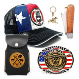 Kit Bone Farm Bulls + Fivela Bandeira Eua Capinha + Canivete