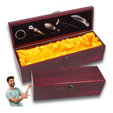 Jogo Kit Para Vinho Inox Presentear Caixa Luxo Madeira 6 Pçs