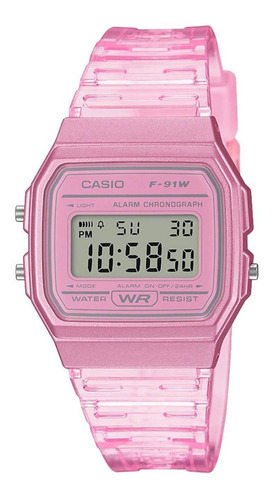 Reloj Pulsera Casio Collection F-91wg-9qdf-sc De Cuerpo Color Rosa, Digital, Para Hombre, Fondo Gris, Con Correa De Resina Color Transparente Y Rosa, Dial Negro, Minutero/segundero Negro, Bisel Color 