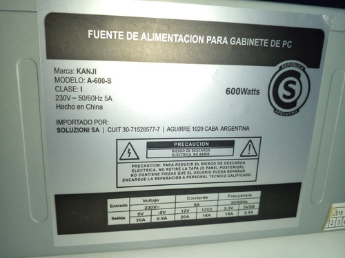 Fuente De Alimentacion Generica Kanji Para Gabinete De Pc 