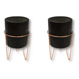 Cachepot Vaso Preto P/ Planta Mini Base Metal Rose Gold 2un