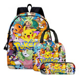 Ddmispo 3pcs Pokémon Pikachu Mochila Escolar Lonchera Bolsa