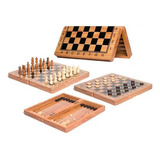 Juego De Mesa 3en1 Ajedrez Damas Backgammon Madera 5111 