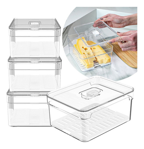 Kit 4 Organizadores Geladeira Armário Tampa Alimentos 2,2l Cor Transparente