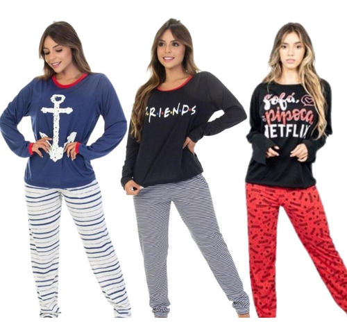  Kit 3 Pijamas De Frio Feminino Longo Estampado Personagens