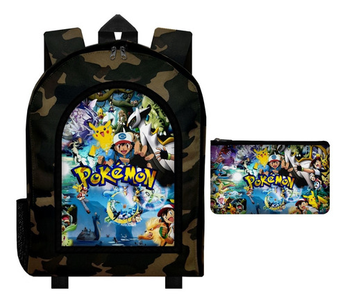 Combo Mochila Reforzada Camuflada + Cartuchera Pokemon