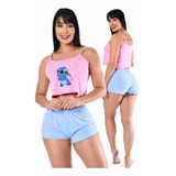 Pijama Curto Adulto Cropped Feminino Blusa E Short Premium