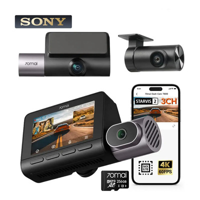 70mai 3 Cámara Para Auto T800-2 Con 4k+1080p+1080p+SD de 256, Triple Cámara Con Sensor Sony Starvis 2 Imx678, Soporte 4g Lte, Control Por App, Control Por Voz, Adas Y Gps, Modo De Estacionamiento 24\u002F7 | Meses sin interés