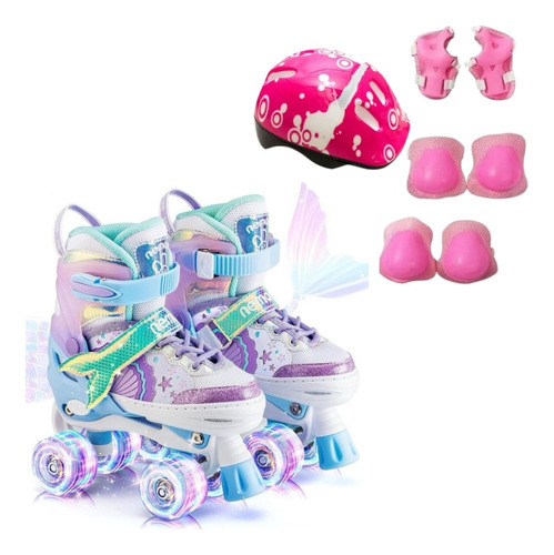 Patins Quad Rosa Regulável 28-32 E 33-36 Rodinhas Led + Kit!