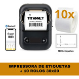 Impressora Bluetooth + 10 Rolos Etiquetas Adesivas 30x20