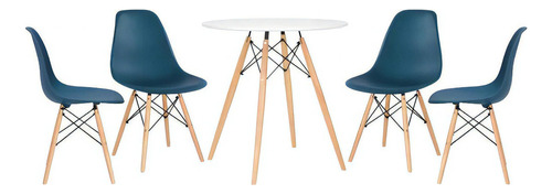 Kit Mesa Jantar Eames Wood 70 Cm 4 Cadeiras Eiffel Cores Cor Da Tampa Mesa Branco Com Cadeiras Azul Petróleo