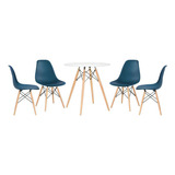 Kit Mesa Jantar Eames Wood 70 Cm 4 Cadeiras Eiffel Cores Cor Da Tampa Mesa Branco Com Cadeiras Azul Petróleo