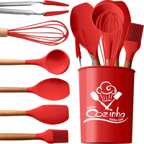 Kit Conjunto Utensílios De Cozinha Silicone Porta Talheres 