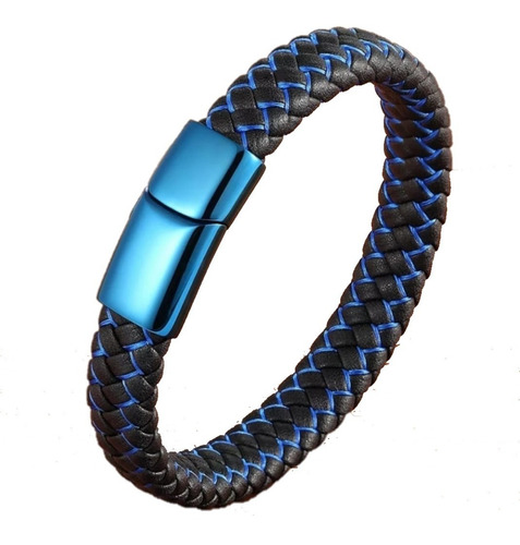 Pulsera  Cuero Trenzado Broche De Lujo Azul