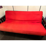 Futon Usado Madera Negra Y Colchón Tapizado En Loneta Rojo