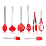 Jogo 8 Colheres De Silicone Cabo Inox Utensílios Cozinha