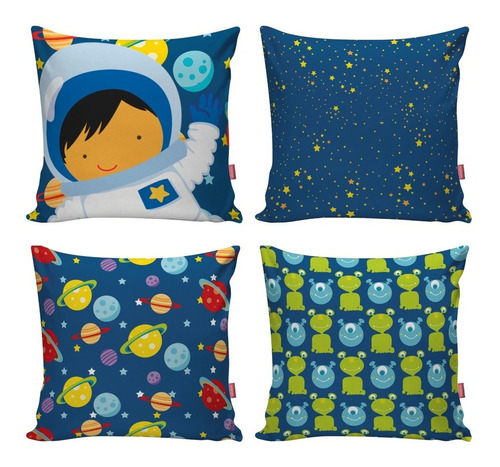 Kit 4 Capas Almofada Decorativa Astronauta Quarto Infantil 