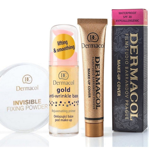 Kit Prebase Gold, Maquillaje Make-up Cover Y Polvo Dermacol