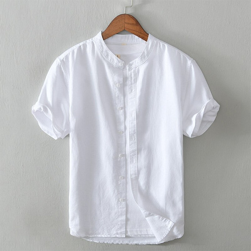 Camisa De Lino Beige Para Hombre, Ropa De Playa, Manga Corta