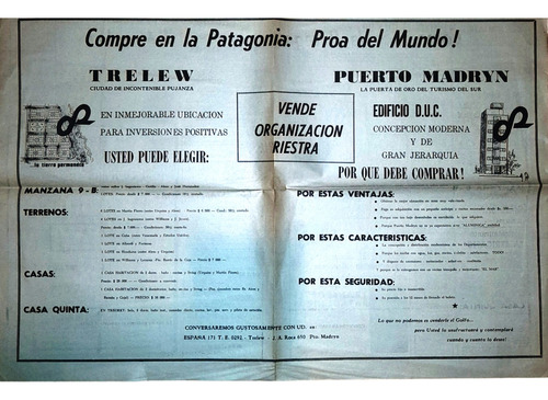 Publicidad Terrenos En Puerto Madryn Y Trelew   1971