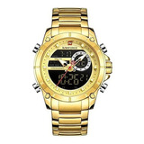 Reloj Naviforce 9163 Original De Acero Inoxidable Deportivo Para Hombre, Color Dorado, Bisel, Color Plateado, Color De Fondo Negro
