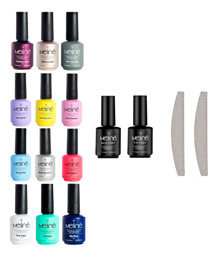 Kit X12 Esmaltes Color Meliné Gel Uv + Base + Top Coat  