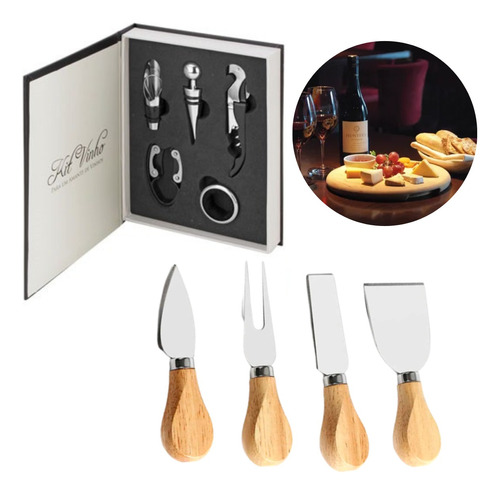 Kit Abridor Saca Rolhas Vinho Livro + Cortador Queijo Inox 