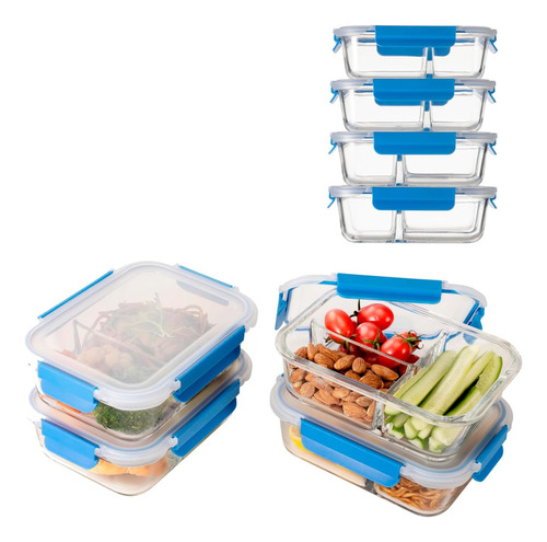 Easyware Premium 4 Contenedores Grandes De Vidrio P. Comida Color Azul