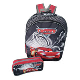 Mochila Escolar Carros Mcqueen Pneu Grande Costas  Estojo Cor Preto Desenho Do Tecido Personagem