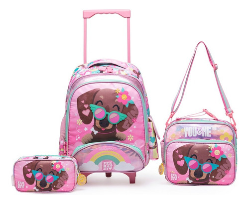 Kit Mochila De Rodinhas Lancheira Estojo Feminino Infantil