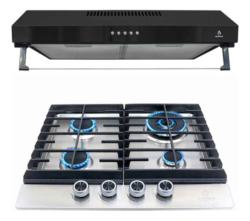 Parrilla Supra 4 Quemadores Empotrable + Campana Slim Negra