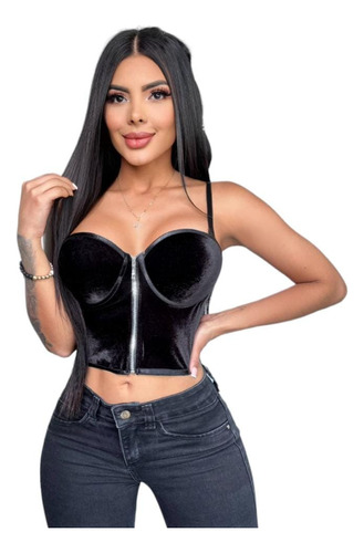 Blusa Tipo Corset De Terciopelo Crop Negro Con Cremallera