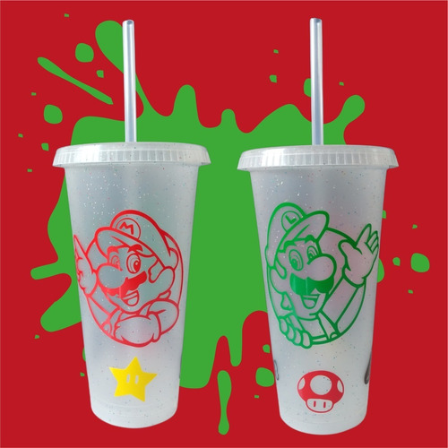 Vaso Mario Bros Y Luigi - Nintendo Grande Con Tapa Y Popote