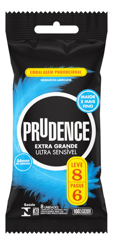 Preservativo Masculino Lubrificado Ultra Sensível Prudence Extra Grande Pacote Leve 8 Pague 6 Unidades