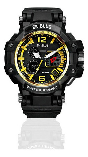 Reloj Hombre Digital Shock Led Doble Hora F Amaril + Estuche