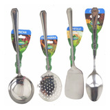 Kit 4 Utensílios Cozinha Escumadeira Concha Espátula Colher