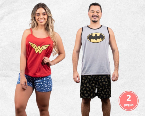 Kit 2 Pijamas Adultos Casal Curtos Super Herói Desenho