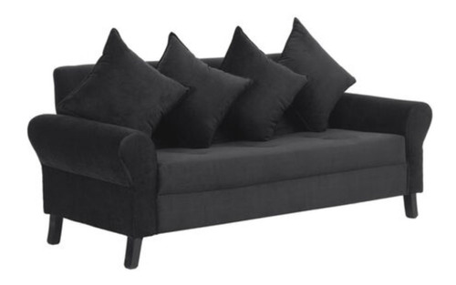 Sillón Living Sofá Mueble Futón Negro De Felpa Con 4 Cojines