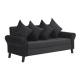 Sillón Living Sofá Mueble Futón Negro De Felpa Con 4 Cojines