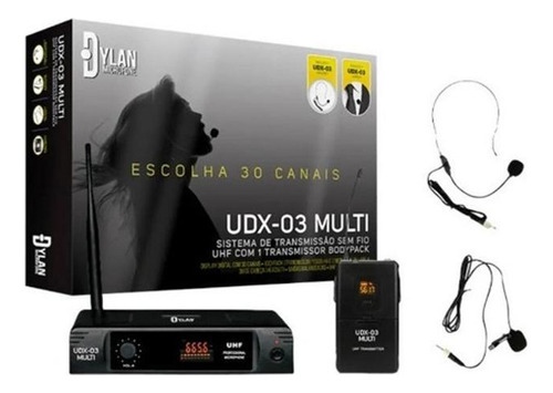 Microfone Sem Fio Dylan Udx-03 Lapela Ou Auricular 30 Canais Cor Preto