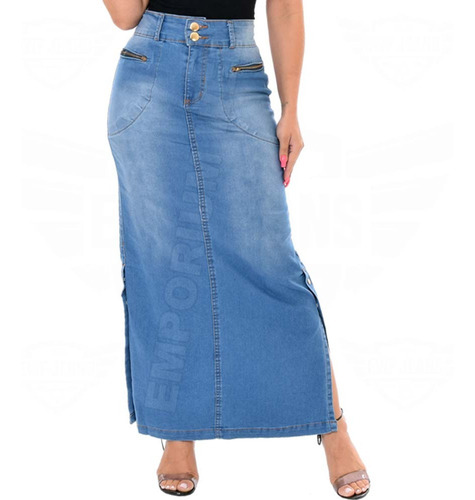 Saia Longa Jeans Com Abertura Lateral - Azul Claro