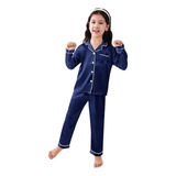Pijama Infantil Manga Longa E Calça Em Cetim De Seda Azul