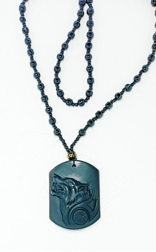 Collar Obsidiana  Diseño Lobo - Amuleto Hombre  Mujer