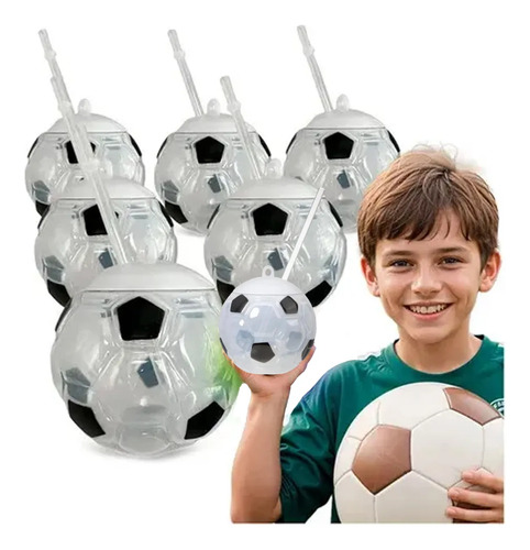6 Vaso Balón Popote Plastic Forma Soccer Futbol Estadio