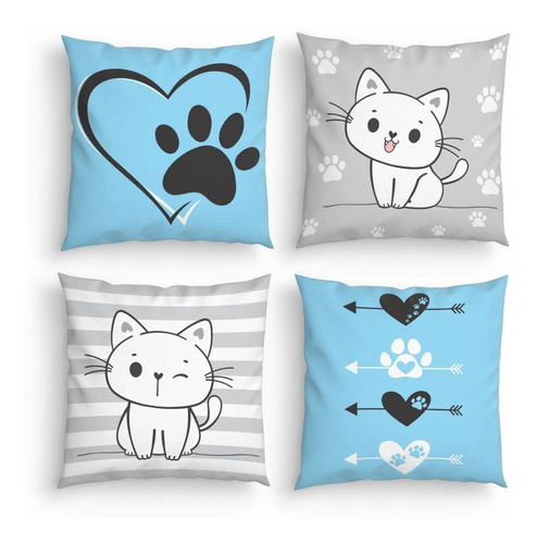 Kit Capas De Almofadas Decorativas Gatinho Azul E Cinza