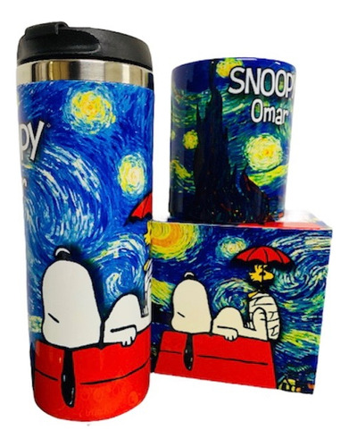 Paquete De Taza Y Termo; Diseño: Snoopy-noche Estrellada