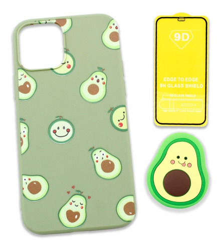 Kit Funda + Soporte + Mica 9d Aguacate Triche Para iPhone