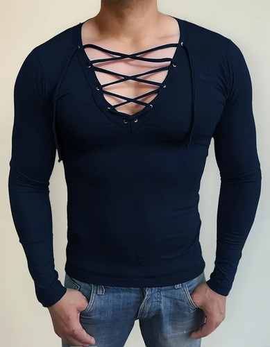 Camisa Gola V Com Cordão Slim Blusa Manga Comprida